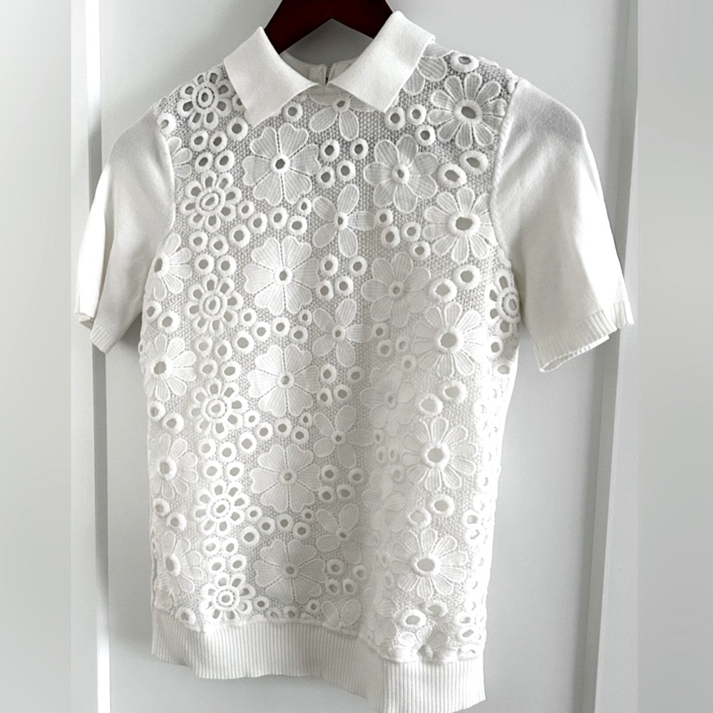 Tommy Hilfiger Cottage Coquette Embroidered Floral Knit CollaredTop